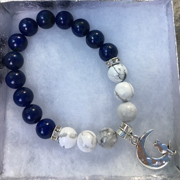 PeaceFrog Jewelry - Blue Lapis Lazuli White Cat in Moon Bracelet
